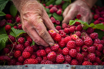 a hand plucking ripe raspberries from a bushel, their vibrant color and tart sweetness a delicious...