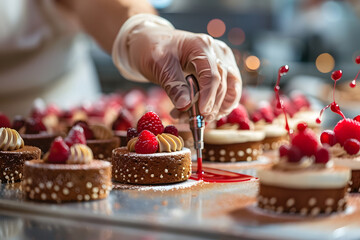 a pastry chef's hands piping intricate decorations onto decadent cakes and pastries, their creativity and craftsmanship turning desserts into works of edible art - obrazy, fototapety, plakaty
