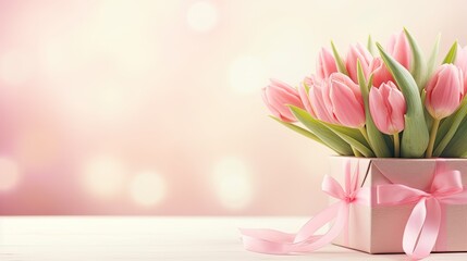 gift box filled with pink tulips on table, feminine empowerment and international womens day