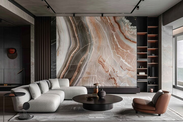 Modern living room with unique marble wall and sleek black wood bookcase, part of chic, expensive interior of country house. - obrazy, fototapety, plakaty