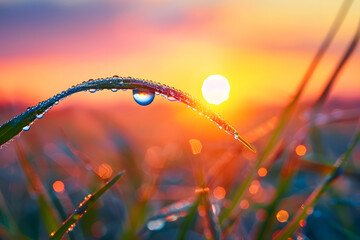 a droplet of morning dew clinging to a blade of grass, catching the first light of dawn and glistening like a precious gem