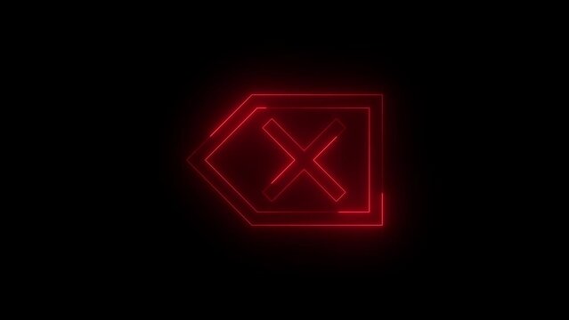 Neon glowing red color backspace icon animation black background