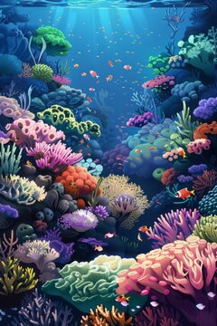 This painting depicts a bustling coral garden teeming with life, vibrant colors, and various species of fish swimming among the intricate coral structures
