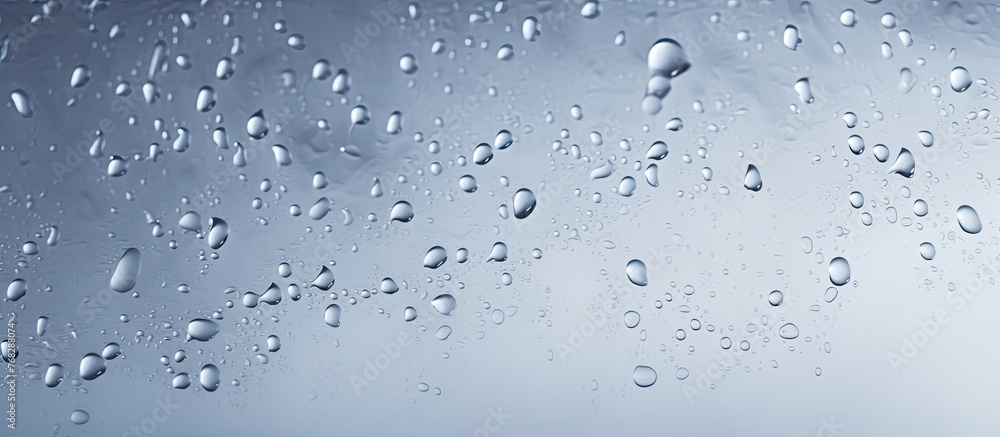 Poster close-up view of a window covered in small water droplets, creating a unique and intriguing pattern