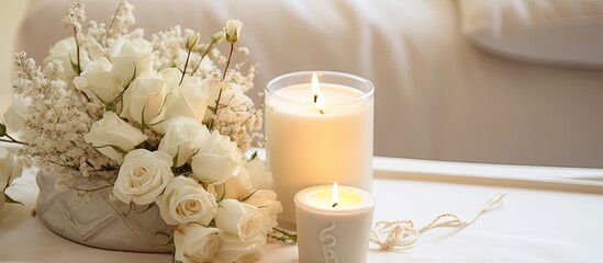 Arranged on a table, there is a wooden tray holding candles and delicate flowers creating a serene setting