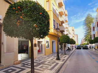 Street with orange trees and beautiful cobblestone sidewalk in Villajoyosa village, Costa Blanca, Spain