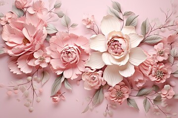 pink wallpaper design with floral pattern and realistic flowers.