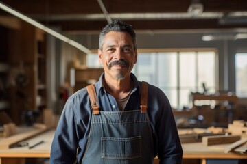 Portrait of a middle aged male carpenter in workshop - obrazy, fototapety, plakaty