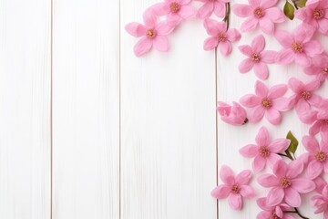 Pink spring blossoms beautifully arranged on a white wooden background, conveying a fresh, floral aesthetic.