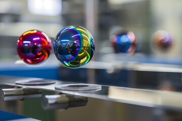 colorful levitating magnetic spheres in a laboratory 
