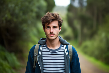 Casual young explorer with backpack in lush green woods, serene adventure and youth travel concept.