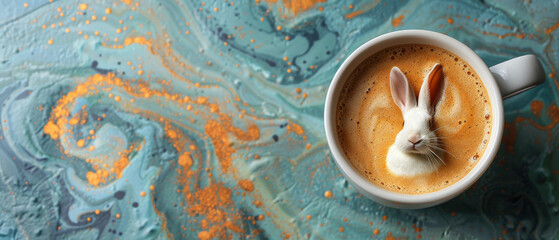 A refreshing white cup of coffee with adorable rabbit foam art on a swirling turquoise and orange backdrop