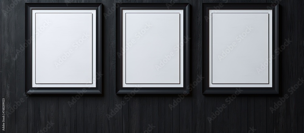 Poster three black picture frames hanging on a dark wall, creating a minimalist display in a modern interio