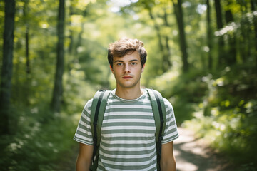 Naklejka na ściany i meble Young man with backpack walking in sunlit forest, concept of wanderlust and adventure in nature.