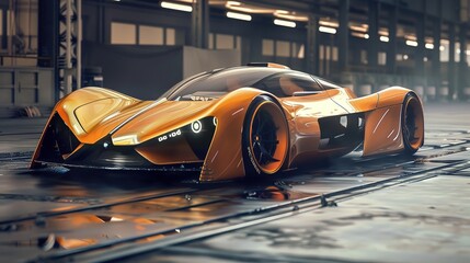Futuristic orange sports car. 3D rendering - obrazy, fototapety, plakaty