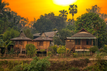 Beautiful landscape in Pai District A beautiful traditional wooden homestay. Along the Pai River, Mae Hong Son, Thailand