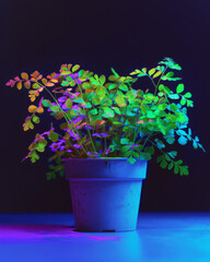 a pot of Maidenhair fern is on the Matian surface, illuminating phychedelic colors 