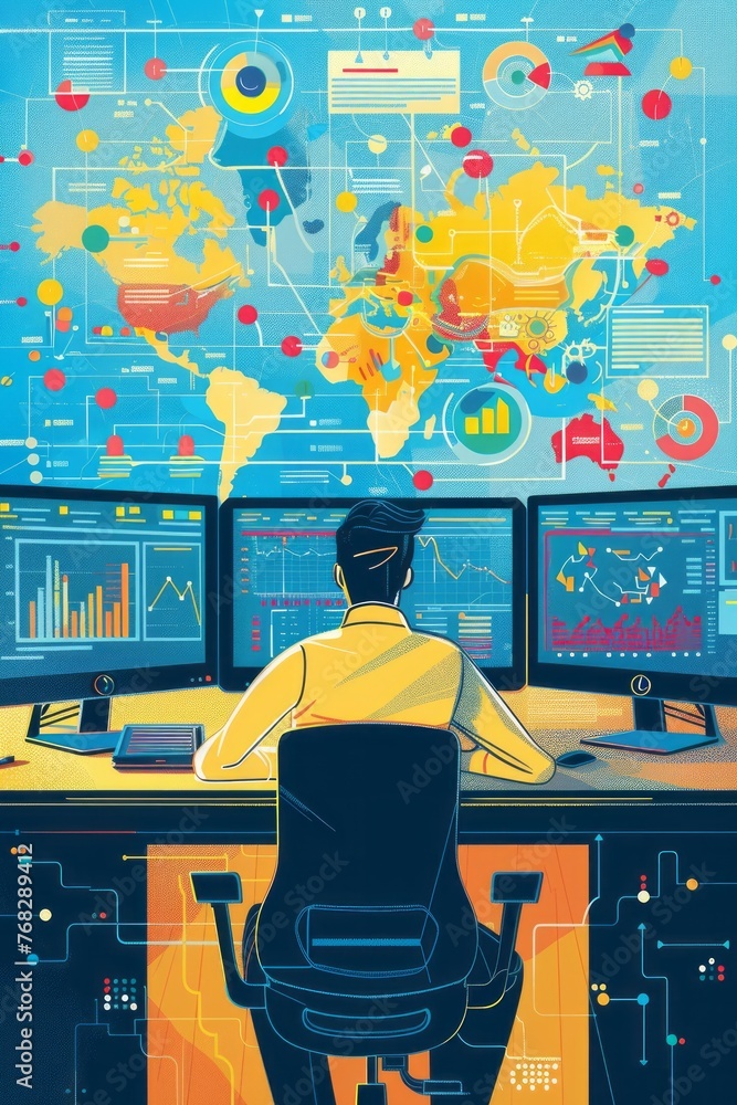 Wall mural A man is seated at a desk, focused on analyzing data displayed on two monitors in front of him. He appears to be deeply engaged in making strategic decisions