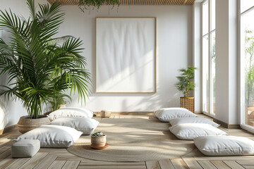 Peaceful meditation room with floor cushions, Zen garden feature, and white frame mockup.