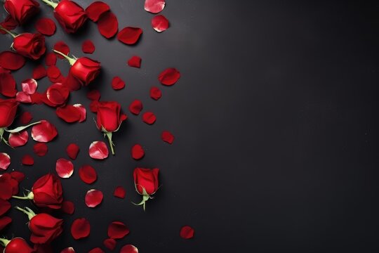 Scattered red roses and petals on a black background with ample copy space.