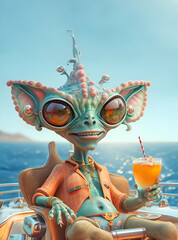 funny cutest male alien with huge eyes drinking cocktail on his marine trip. close up. Digital artwork.  Ai generated - 768289806
