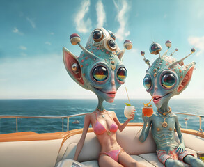funny cutest coulpe aliens  with huge eyes drinking cocktail on his marine trip. close up. Digital artwork.  Ai generated - 768289855