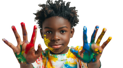 Portrait of a child with hands dirty from paint