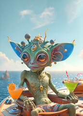 funny cutest male alien with huge eyes drinking cocktail on his marine trip. close up. Digital artwork.  Ai generated - 768290003