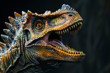 Close-up portrait of a green dinosaur, showcasing its vibrant scales and captivating eye in exquisite detail