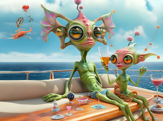 funny cutest coulpe aliens  with huge eyes drinking cocktail on his marine trip. close up. Digital artwork.  Ai generated - 768290056