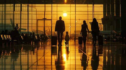 Portrait of silhouette figures of family members inside an airport terminal. Family travel background.