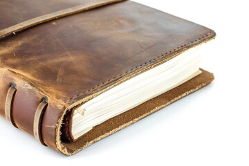 Close-up of a closed brown leather book with a strap, showcasing rich textures and detailed stitching on a white surface - obrazy, fototapety, plakaty