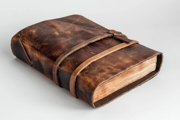 Nostalgic, weathered leather-bound notebook with visible stitching, isolated on a clean white background emphasizing details - obrazy, fototapety, plakaty