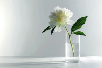 A beautiful white peony flower with lush green leaves delicately displayed in a clear glass vase against a softly lit background