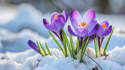 Close-up of glowing purple crocus flowers surrounded by melting snow, signaling the arrival of spring