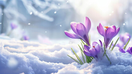 Stunning purple crocus blossoms in the snow with a beautifully blurred winter background creating a dreamy atmosphere
