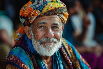 Fototapeta premium An elderly man with a warm smile wears a vibrant, patterned turban and attire, capturing a cultural essence