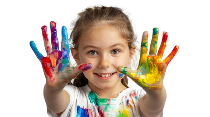 Portrait of a child with hands dirty from paint