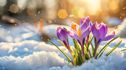 Crocus flowers glowing with backlight from the sunset, showcasing the contrast of spring flowers and winter snow