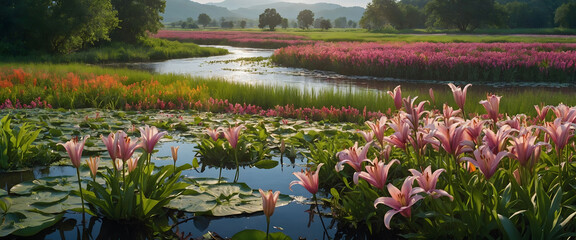 Fototapeta na wymiar Tranquil River Landscape with Flourishing Pink Lilies