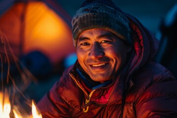 Obraz premium A man exudes happiness sitting near a campfire, the glow of the flames illuminating his joy
