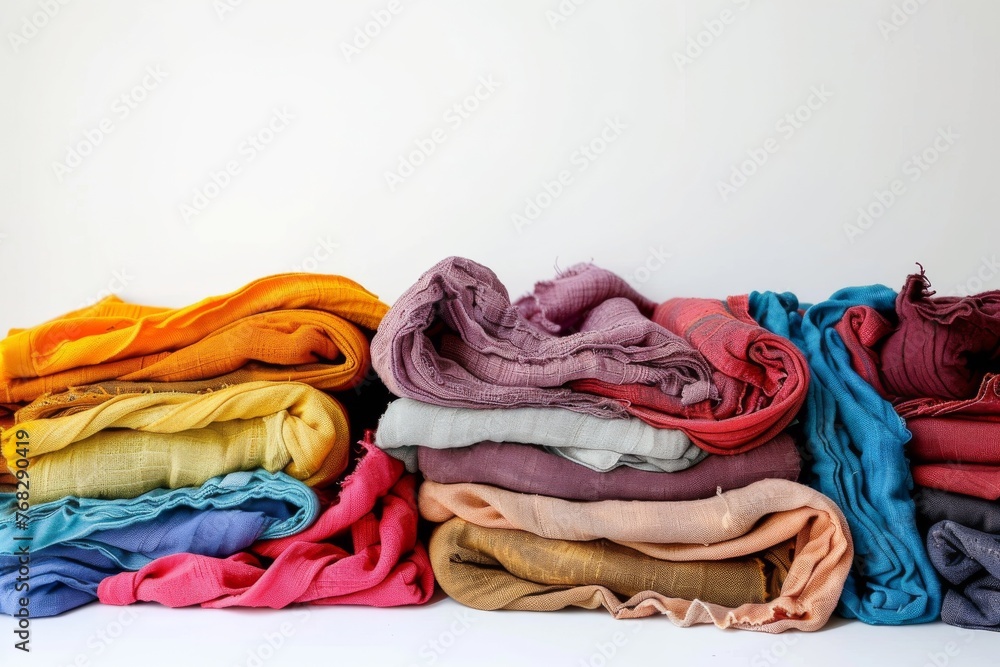 Poster a collection of neatly folded fabrics in various colors neatly stacked, showcasing textile textures