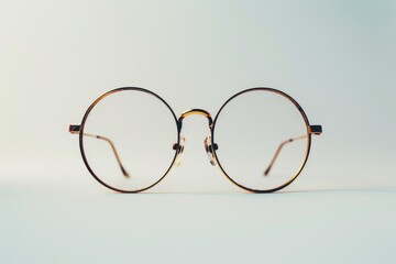 Modernist design of round metal frame eyeglasses against a gradient blue white background