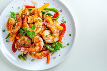 A plate with succulent prawns stir-fried with colorful bell peppers with herbs and spices