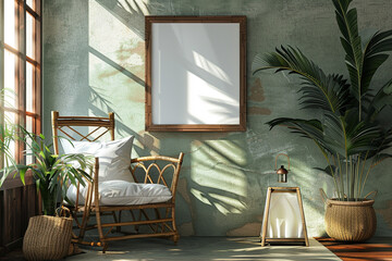 Room inspired by Asian aesthetics, featuring bamboo chair, lantern, artwork, and white frame mockup.