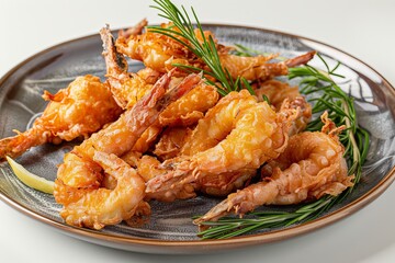 Crispy battered fried shrimp with fresh rosemary served on a rustic ceramic plate