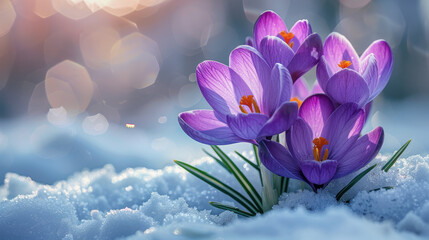 Light filters through delicate water droplets on crocuses, symbolizing purity and renewal