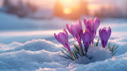 Warm sunrise hues cast a gentle glow on a group of purple crocuses nestled in the snow - obrazy, fototapety, plakaty