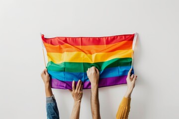 Multiple pairs of hands raise the rainbow-colored pride flag with pride, symbolizing LGBT rights and freedom