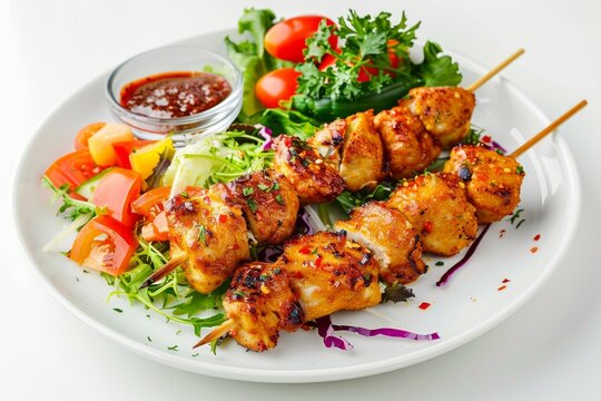 Juicy grilled chicken skewers served with mixed salad, tomatoes on a white plate